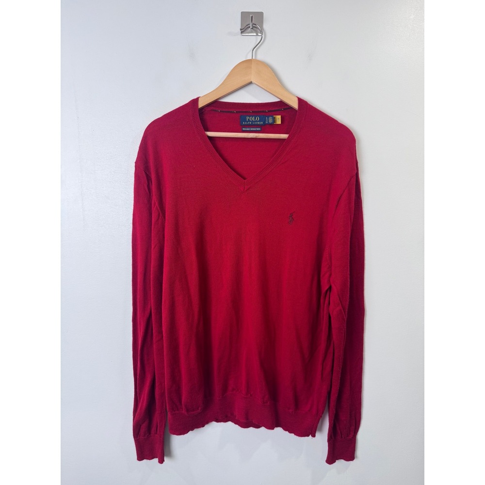 Polo Ralph Lauren Men Red V-Neck Washable Merino Wool Sweater XL